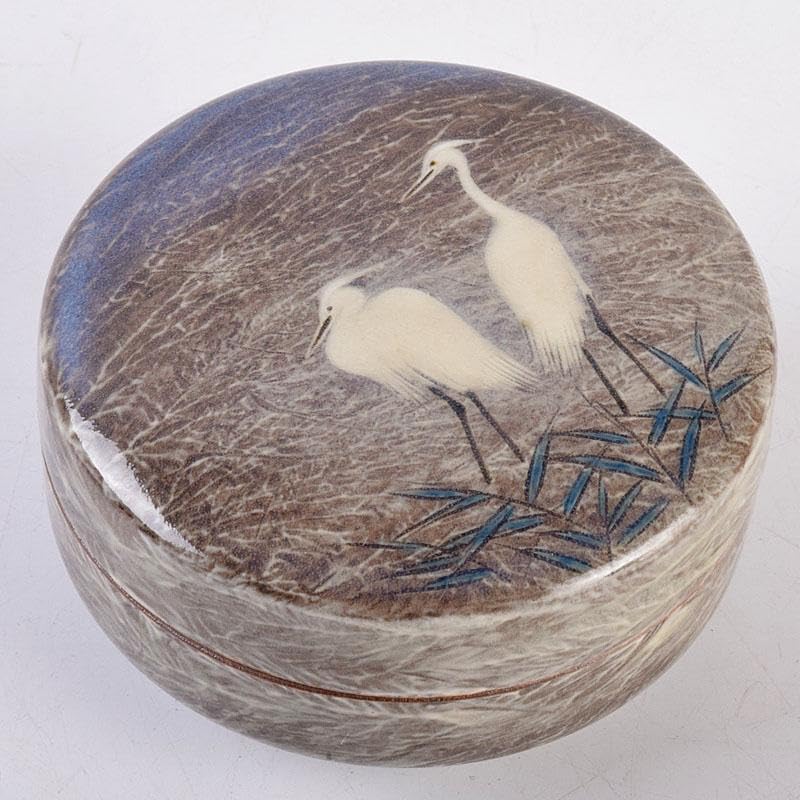 茶道具 臥牛窯 十三代 横石臥牛作 白鷺文 香合 共箱 Z